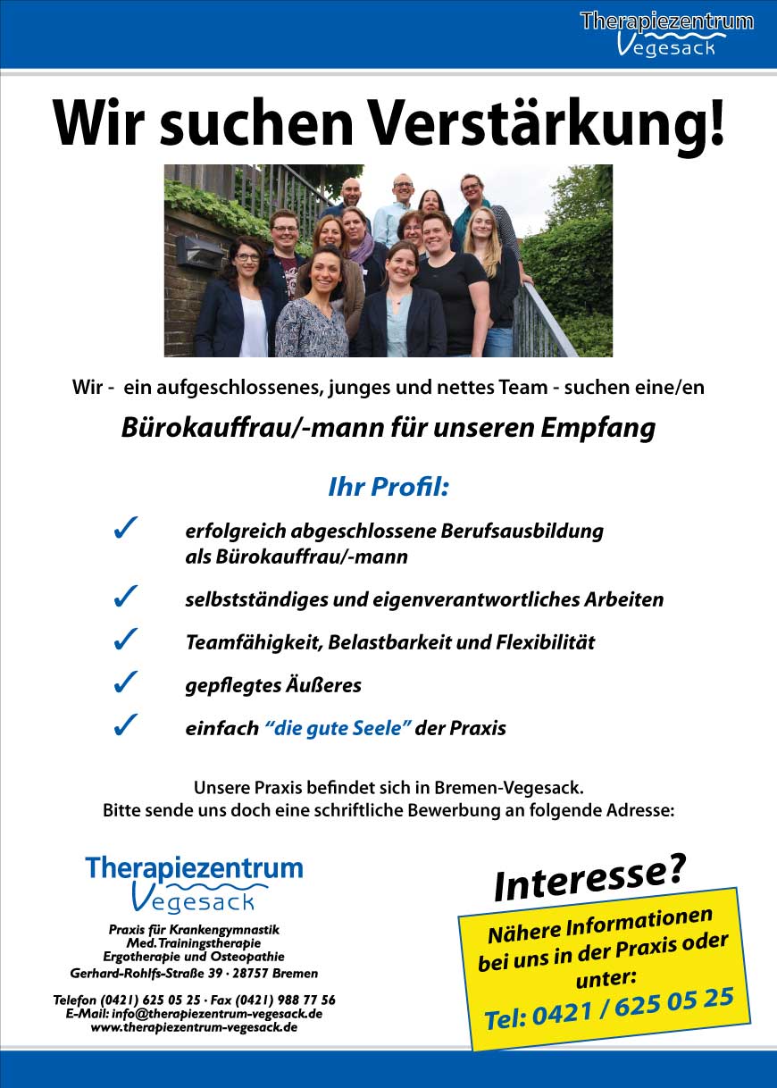 Wir suchen eine/n Bürokauffrau/-mann für unsere Praxis in Bremen-Nord | Therapiezentrum-Vegesack